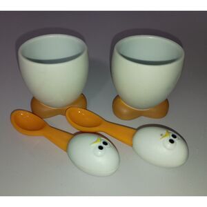 MSC International Inc: White and Orange EGG CUPS & Chicken Face SPOONS (2 Set)